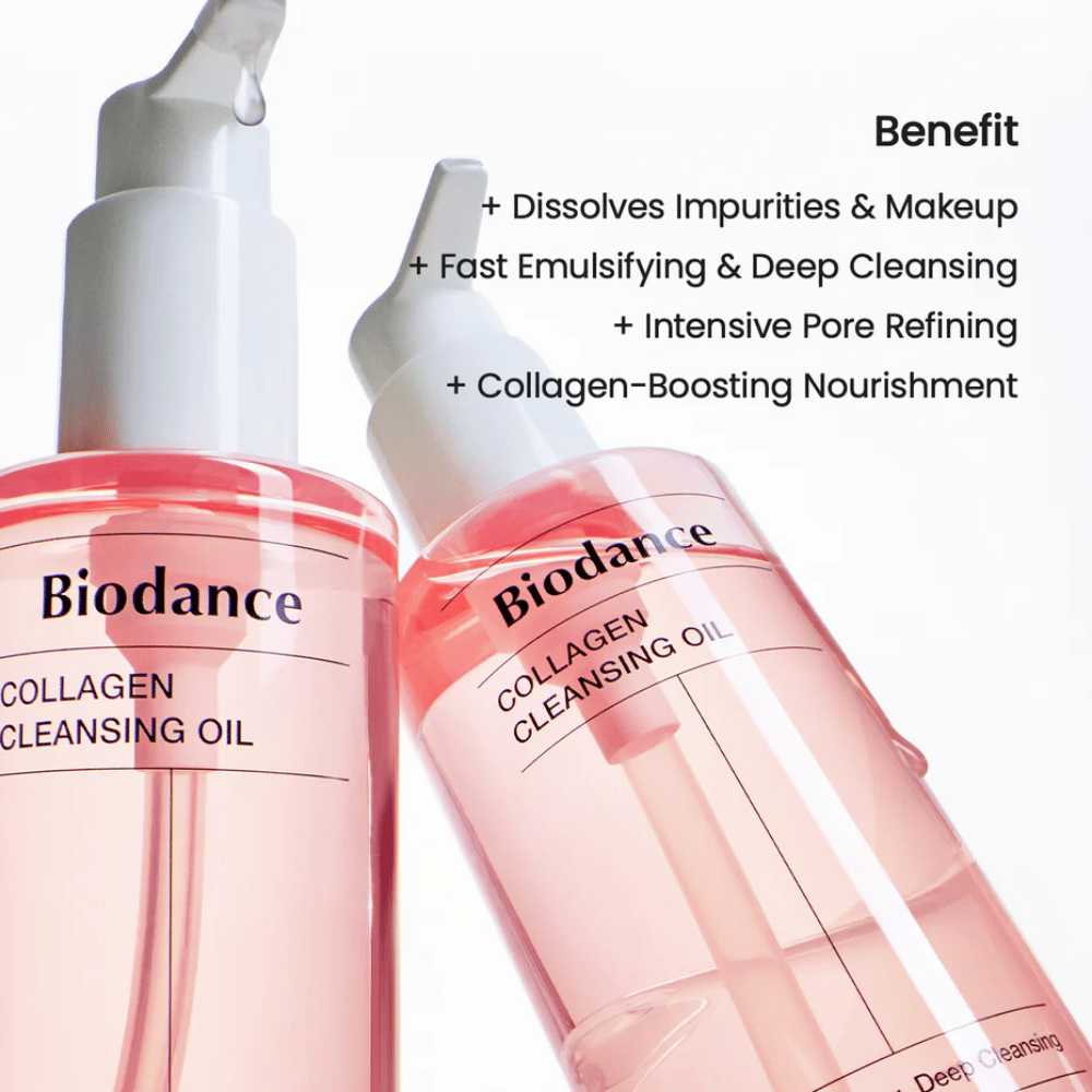 Due bottiglie di Biodance Collagen Cleansing Oil con liquido tonalità rosa e pompa bianca, posizionate contro uno sfondo chiaro. Il testo elenca vantaggi come pulizia profonda, rimozione del trucco e supporto al collagene.
