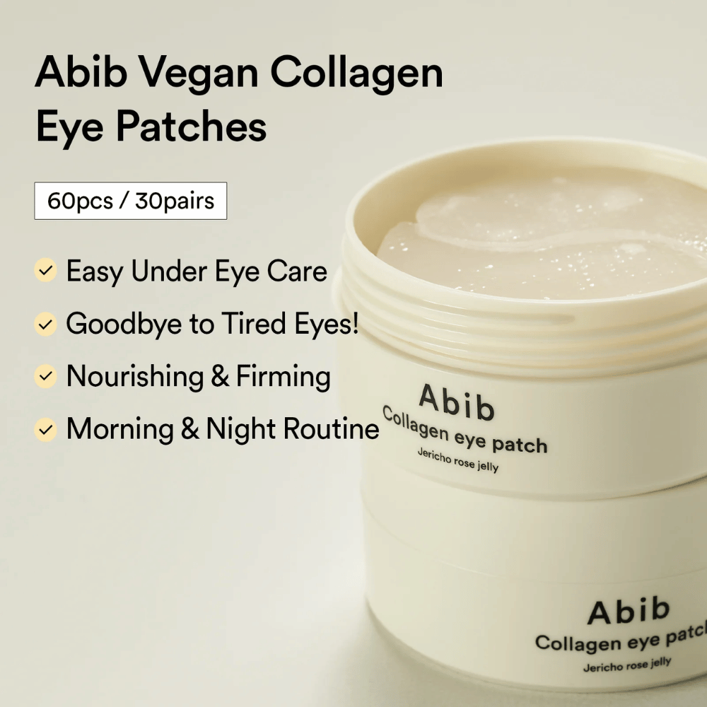 Abib Collagen Eye Patch Jericho Rose Jelly in barattolo aperto con cerotti per occhi visibili. Il testo descrive i benefici come cura semplice per occhi stanchi, effetto rassodante e utilizzo mattina e sera. 60 pz / 30 coppie.