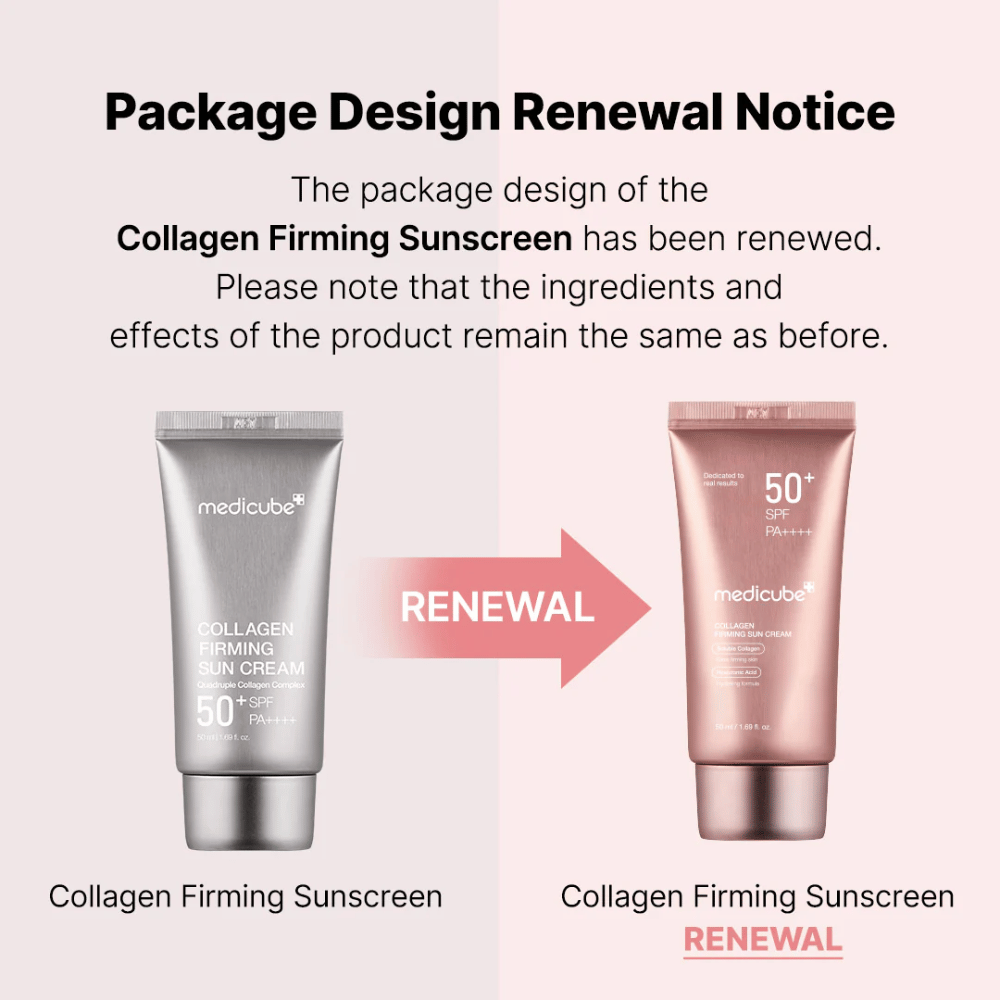 Medicube Collagen Firming Sunscreen ha un nuovo design della confezione – da tubo color argento a rosa dorato, con gli stessi ingredienti ed effetti di prima.