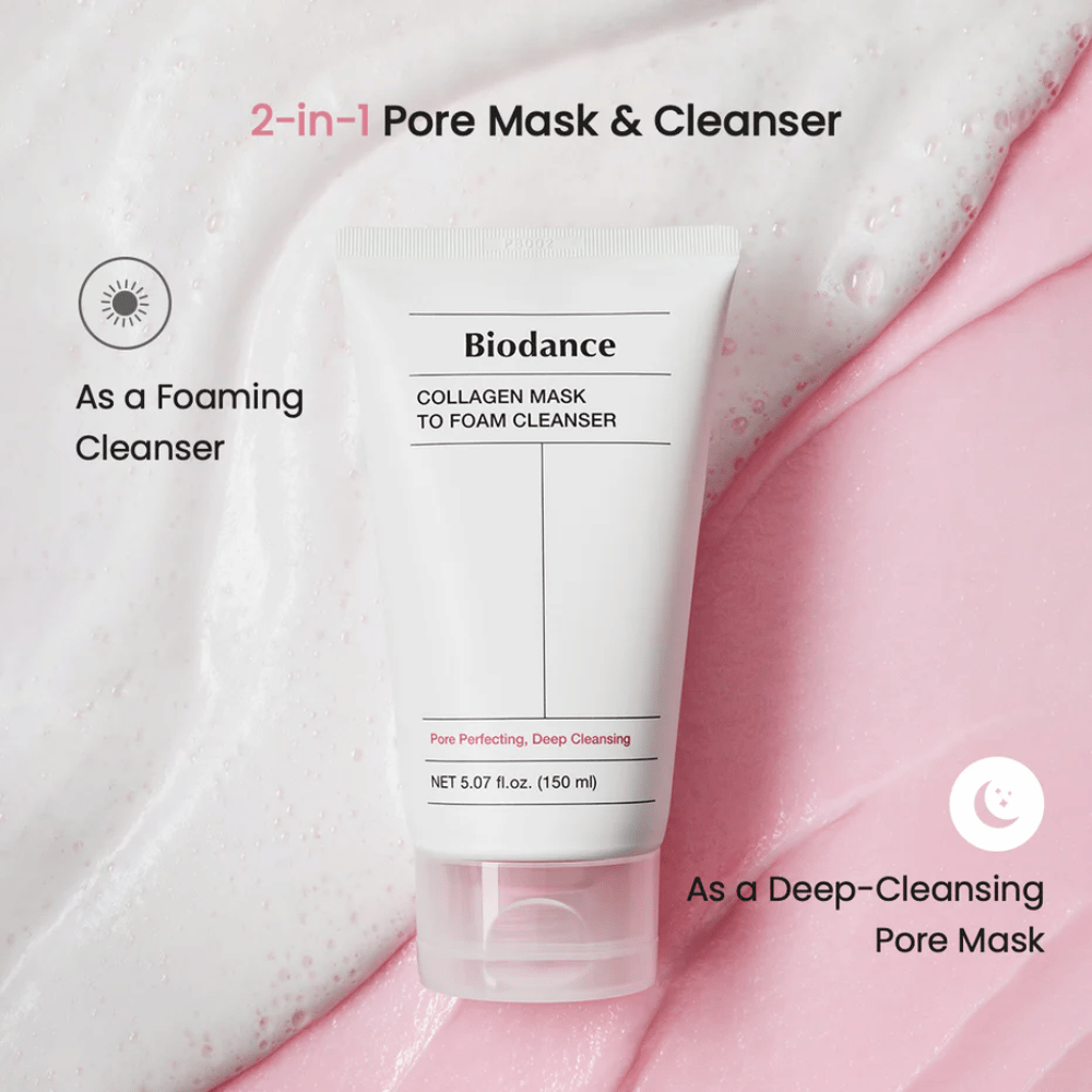 Bild på Biodance Collagen Mask to Foam Cleanser placerad ovanpå rosa och vit rengöringstextur. Produkten beskrivs som en 2-i-1 porrenande mask och skummande rengöring.