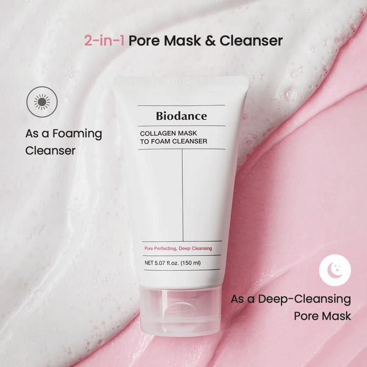 Bild på Biodance Collagen Mask to Foam Cleanser placerad ovanpå rosa och vit rengöringstextur. Produkten beskrivs som en 2-i-1 porrenande mask och skummande rengöring.