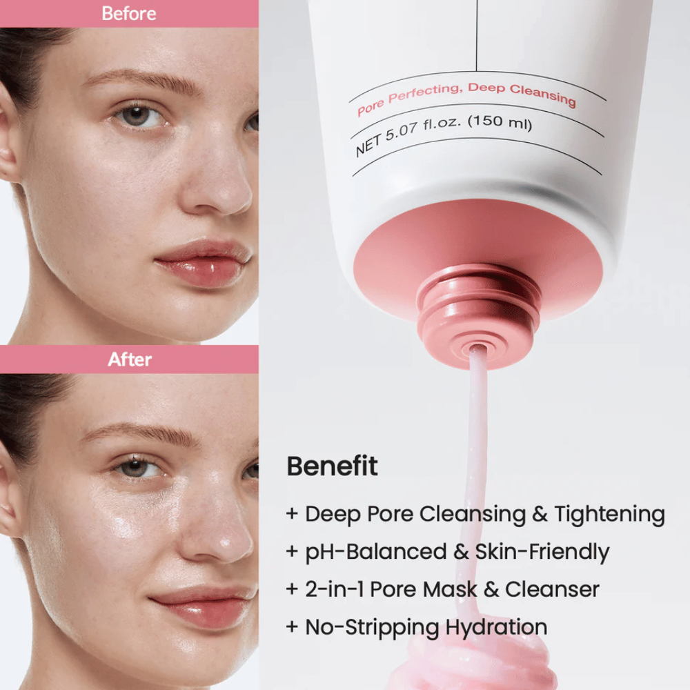 Före- och efterbilder på en kvinnas hud med förbättrad lyster, samt rosa rengöring som hälls ur tub. Text listar fördelar som djup porrengöring, pH-balanserad formula, 2-i-1 mask och rengöring samt återfuktande effekt.