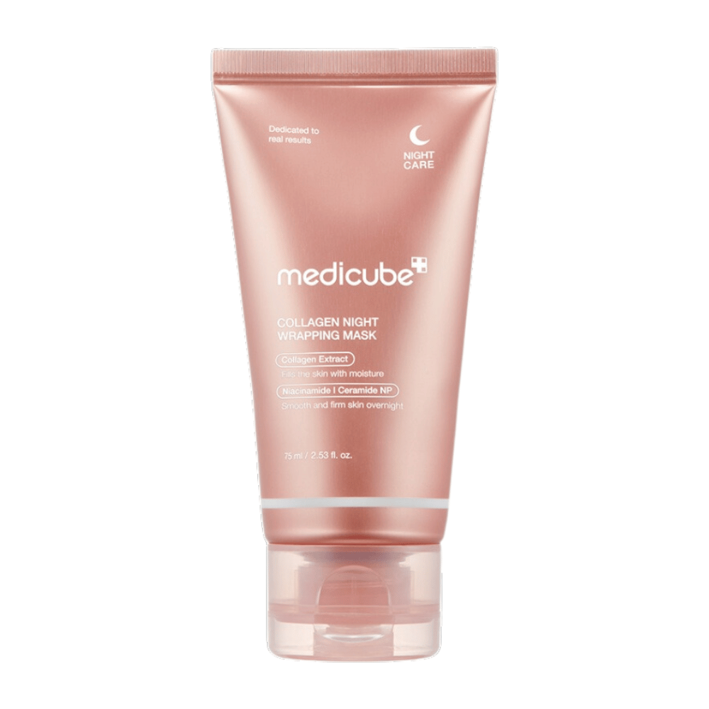 Medicube Collagen Night Wrapping Mask, una maschera notturna con estratto di collagene che idrata e rafforza la pelle durante la notte. Contiene niacinamide e ceramide NP per una pelle più liscia e soda. Contenuto: 75 ml.