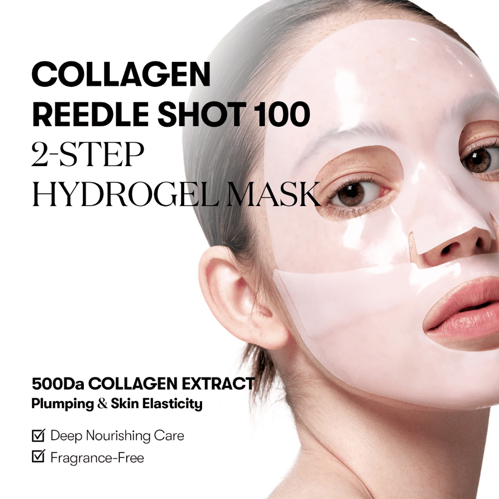 Primo piano di una donna che indossa una maschera idrogel trasparente a 2 fasi. Il testo sull'immagine promuove "Collagen Reedle Shot 100" con estratto di collagene 500Da per l'elasticità della pelle, oltre alla caratteristica di essere senza profumo e di fornire nutrimento profondo.