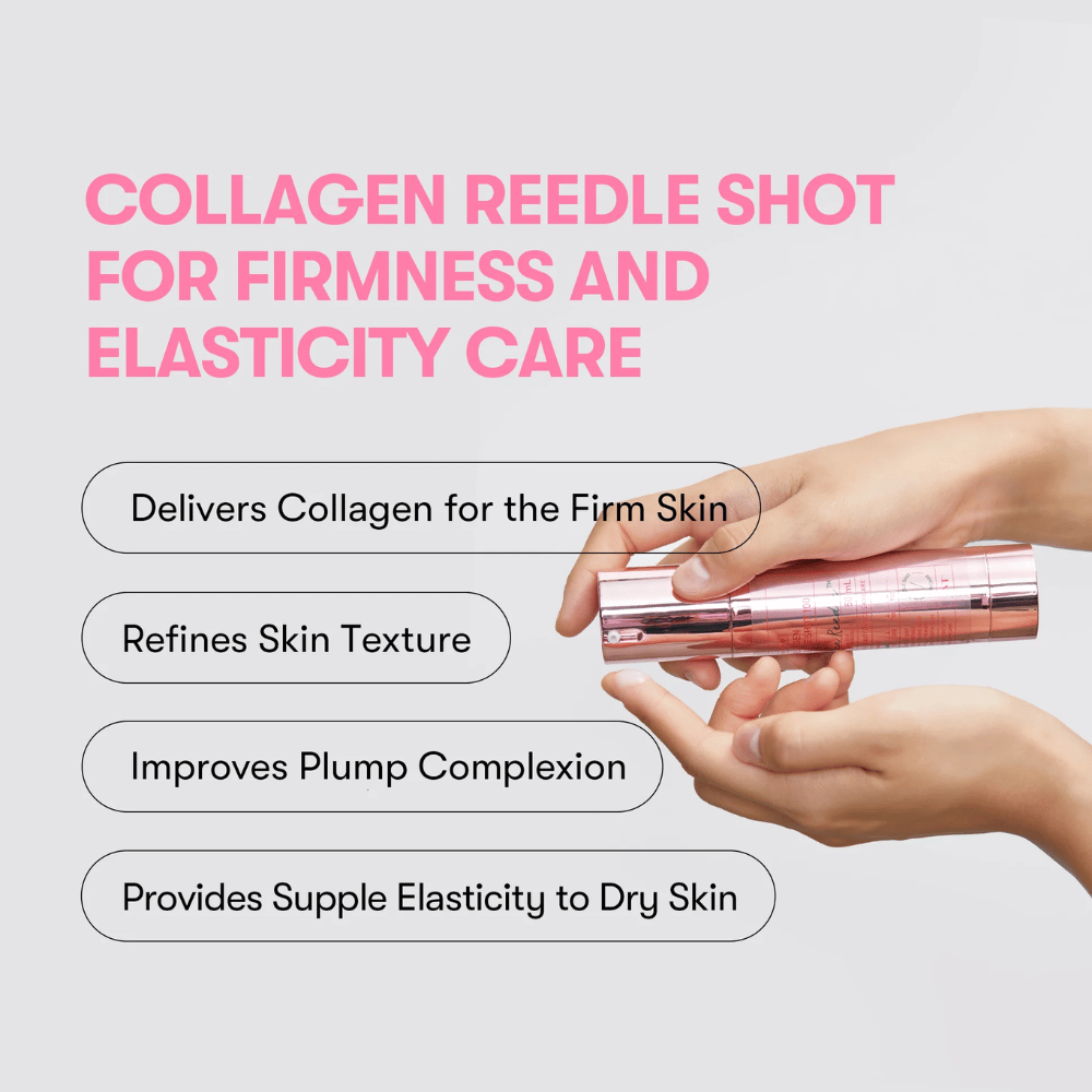 Persona che tiene VT Collagen Reedle Shot 100. Il siero rafforza la compattezza della pelle, migliora la texture e dona elasticità piena.