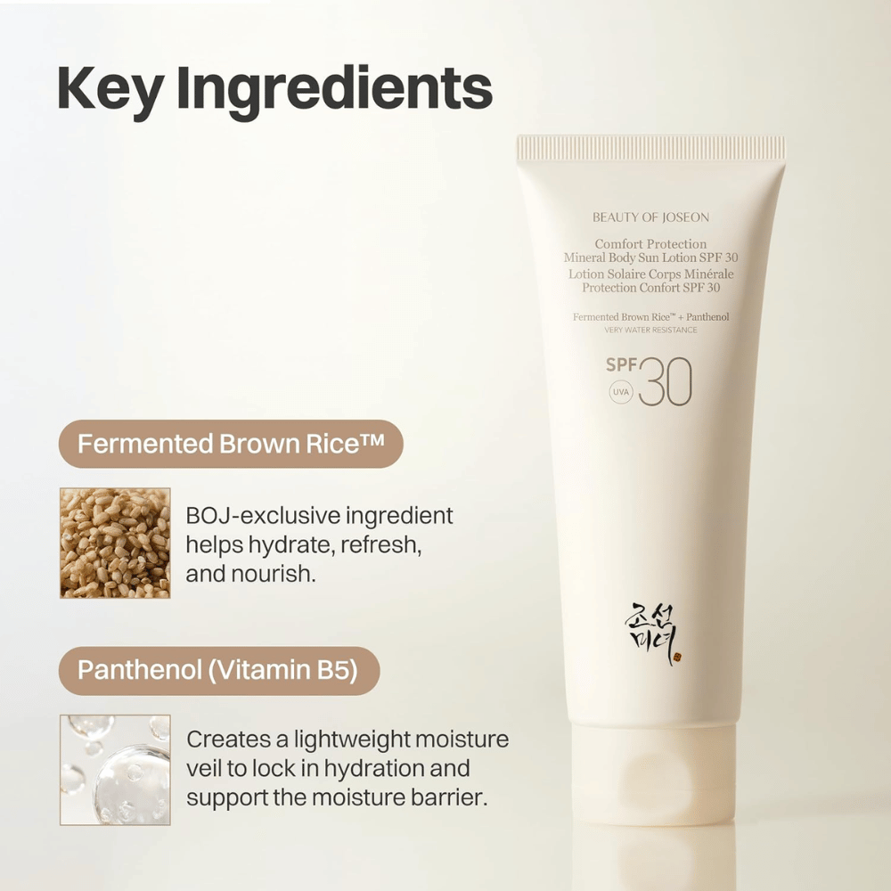 Beauty of Joseon Comfort Protection Mineral Body Sun Lotion SPF30 con riso integrale fermentato e pantenolo