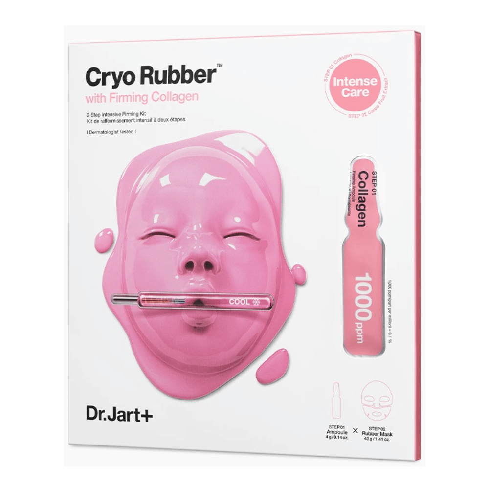 Un'immagine di Dr.Jart+'s Cryo Rubber™ con prodotto Firming Collagen, mostra un rosa maschera viso e descrizione del contenuto.