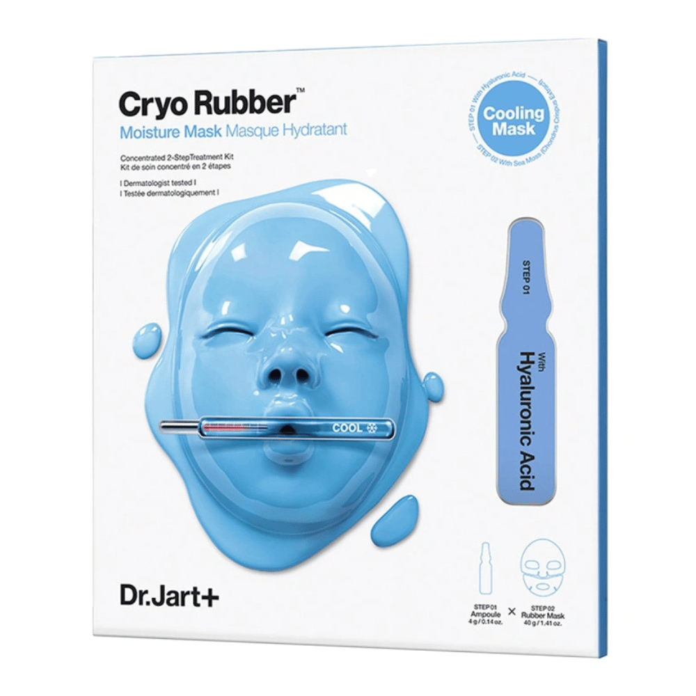 Confezione di Dr.Jart+ Cryo Rubber Moisture Mask con maschera facciale blu e una fiala di acido ialuronico, contrassegnata come "Cooling Mask" e guida all'uso passo per passo.