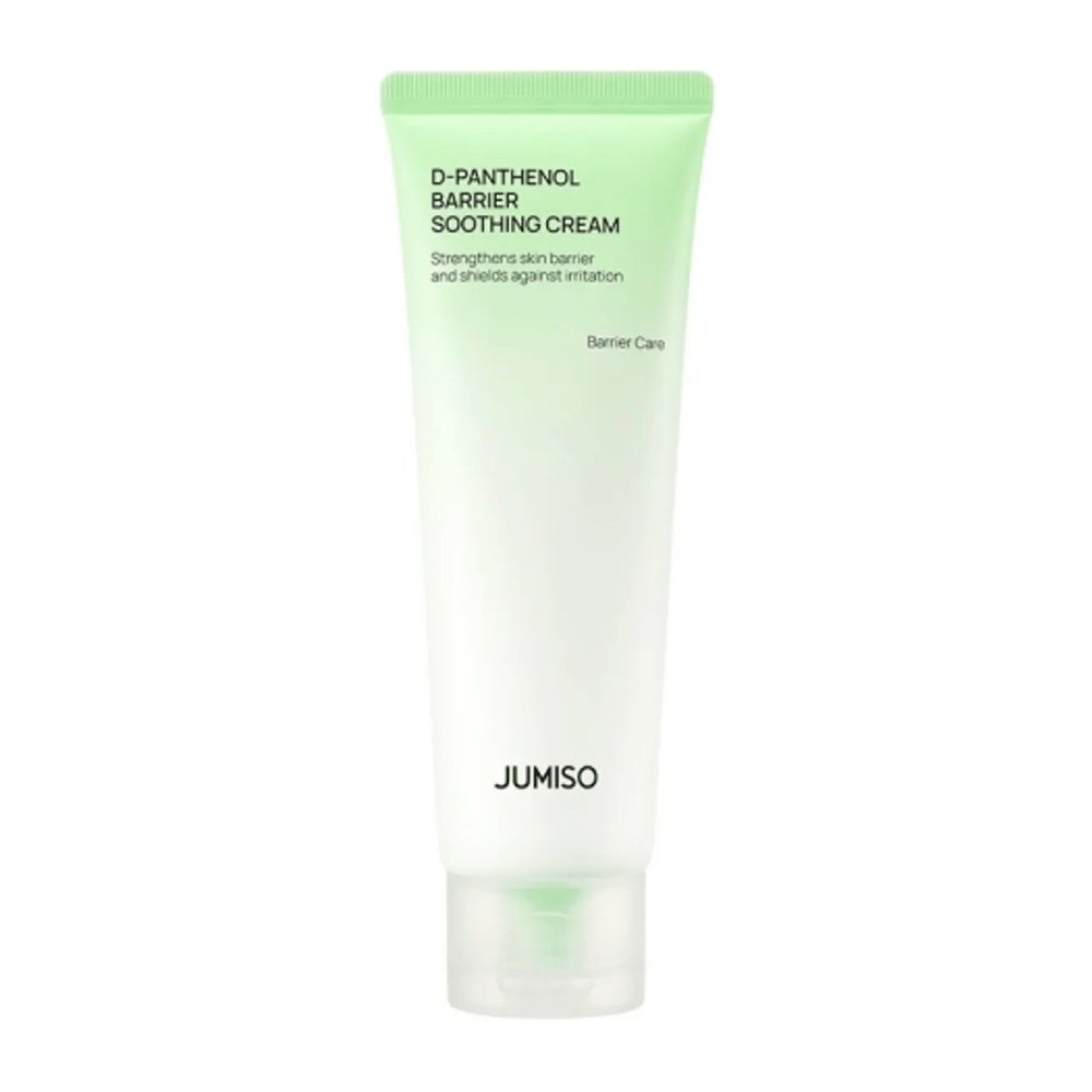 Immagine del prodotto di Jumiso D-Panthenol Barrier Soothing Cream in un tubetto verde su sfondo bianco.