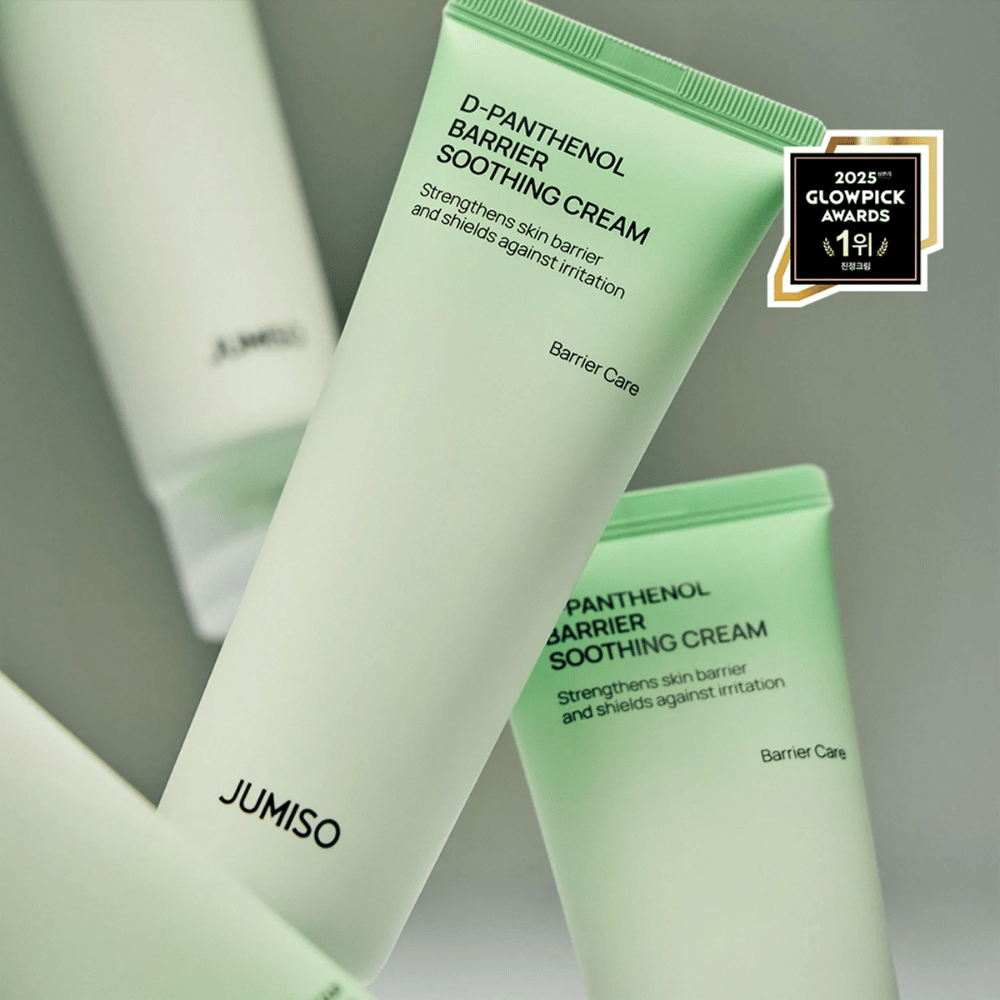 Primo piano di Jumiso D-Panthenol Barrier Soothing Cream in un tubetto verde, vincitore dei Glowpick Awards 2025.