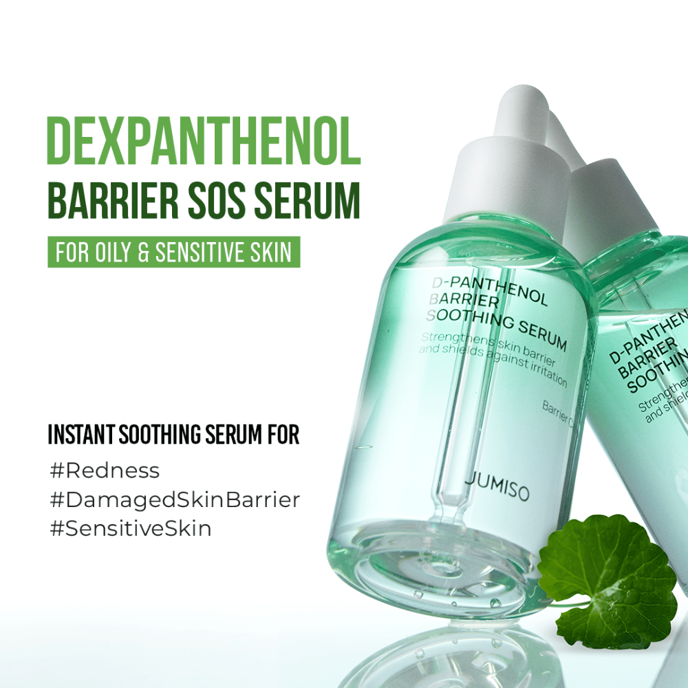 Immagine del prodotto di Jumiso D-Panthenol Barrier Soothing Serum con testo sull'effetto SOS per pelle sensibile, rossore e barriera cutanea danneggiata.