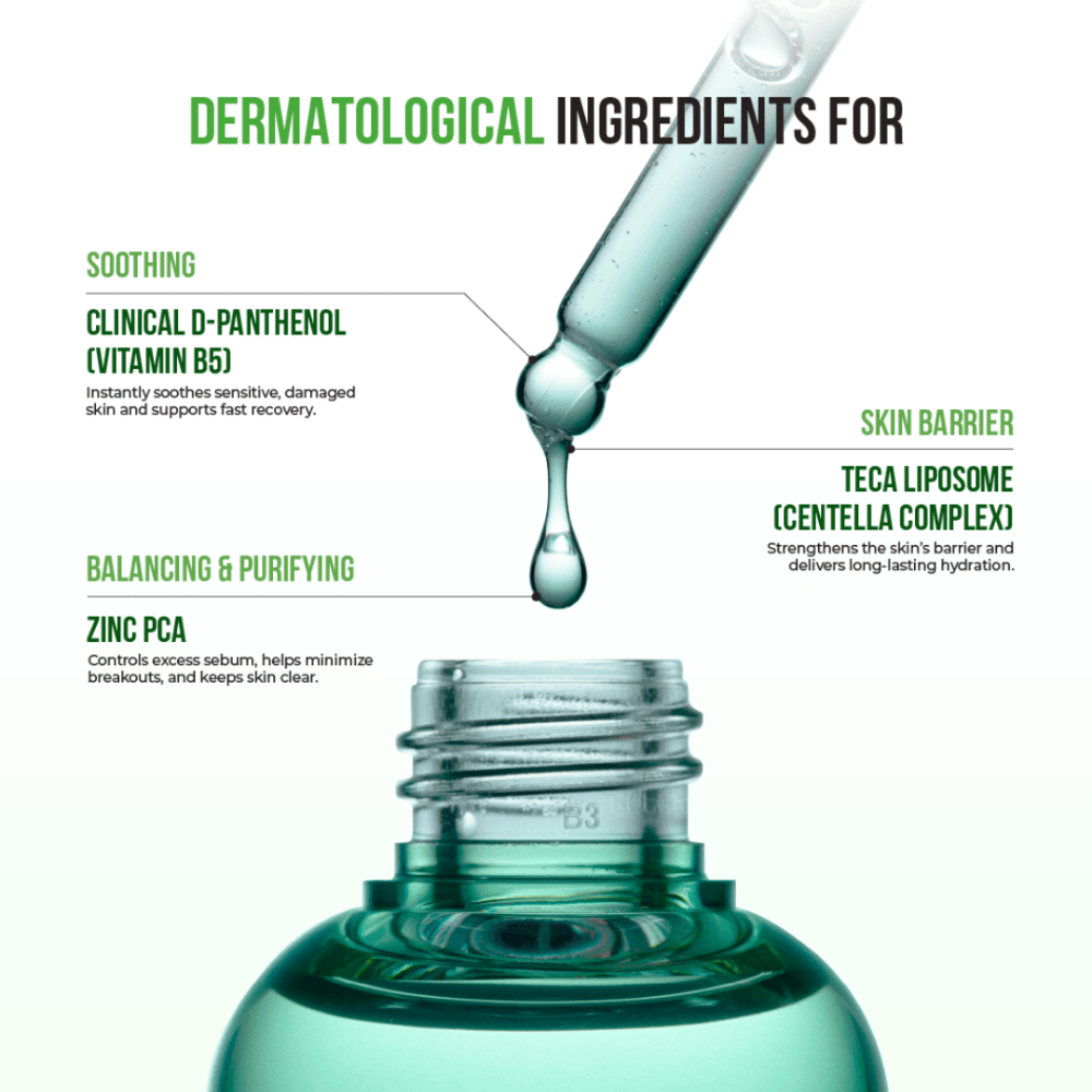 Primo piano di pipetta con siero gocciolante, ingredienti evidenziati come D-Panthenol, Zinc PCA e Centella Complex per barriera cutanea e idratazione.