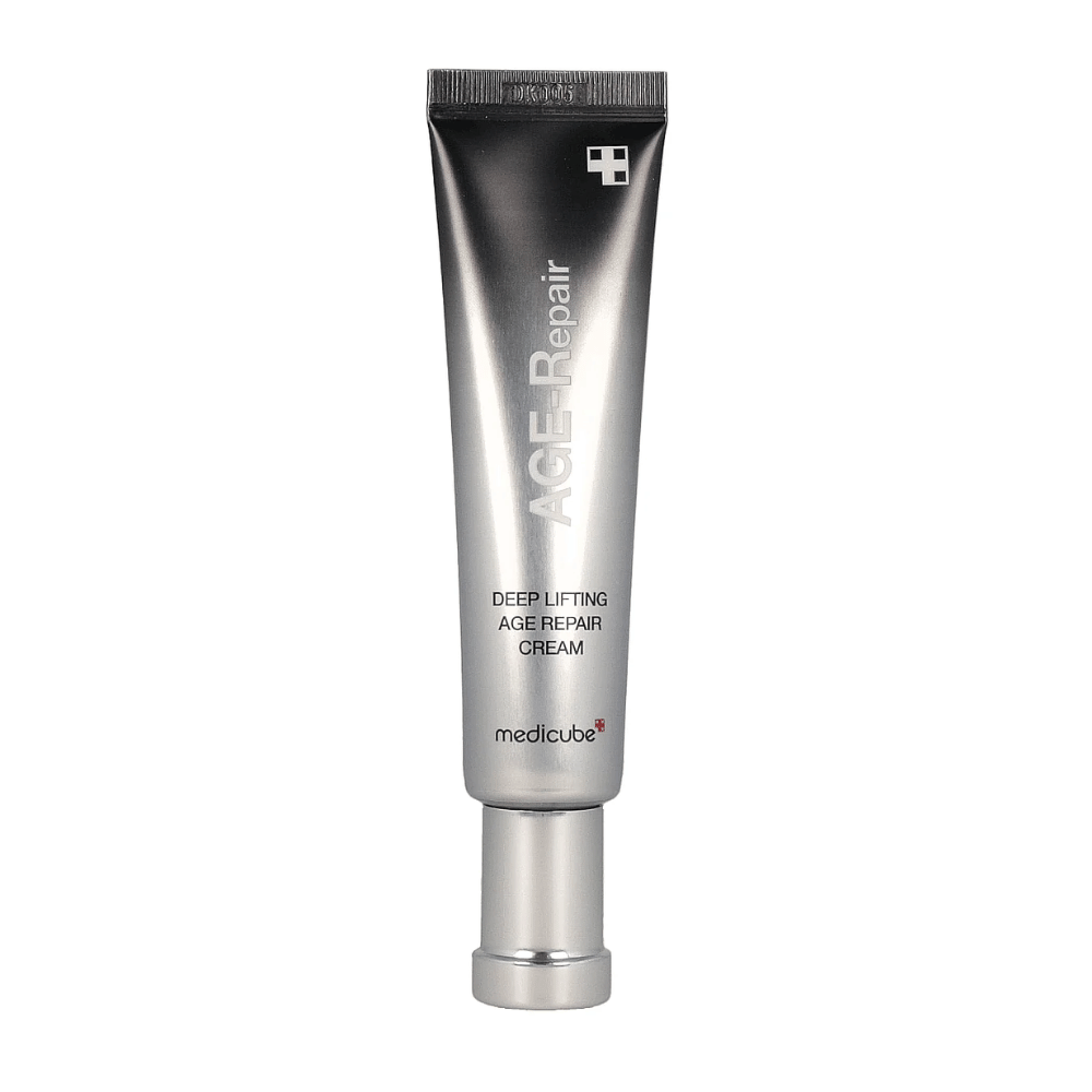 Immagine del prodotto di Medicube Deep Lifting Age Repair Cream in tubo d'argento su sfondo bianco.