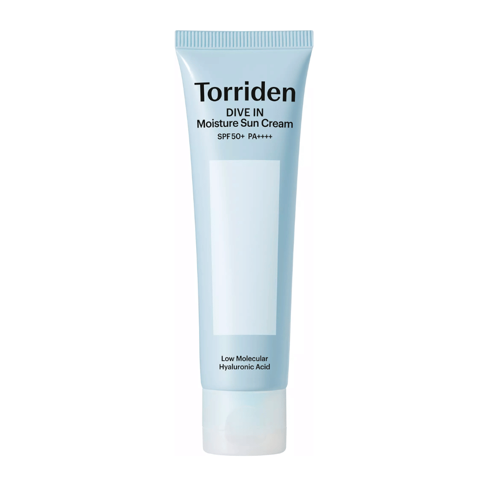 Torriden DIVE-IN Moisture Sun Cream SPF50+ PA++++ immagine del prodotto su sfondo bianco con acido ialuronico a basso peso molecolare per un’idratazione intensa e protezione UV.