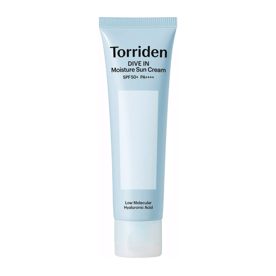 Torriden DIVE-IN Moisture Sun Cream SPF50+ PA++++ immagine del prodotto su sfondo bianco con acido ialuronico a basso peso molecolare per un’idratazione intensa e protezione UV.