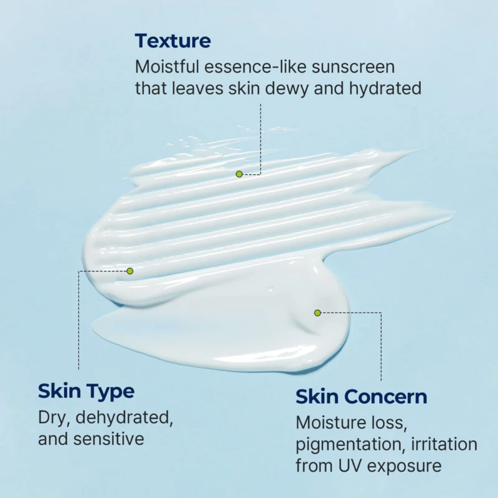 Torriden La texture simile a un’essenza di DIVE-IN Moisture Sun Cream è mostrata con particolare attenzione all’idratazione per la pelle secca, sensibile e disidratata.