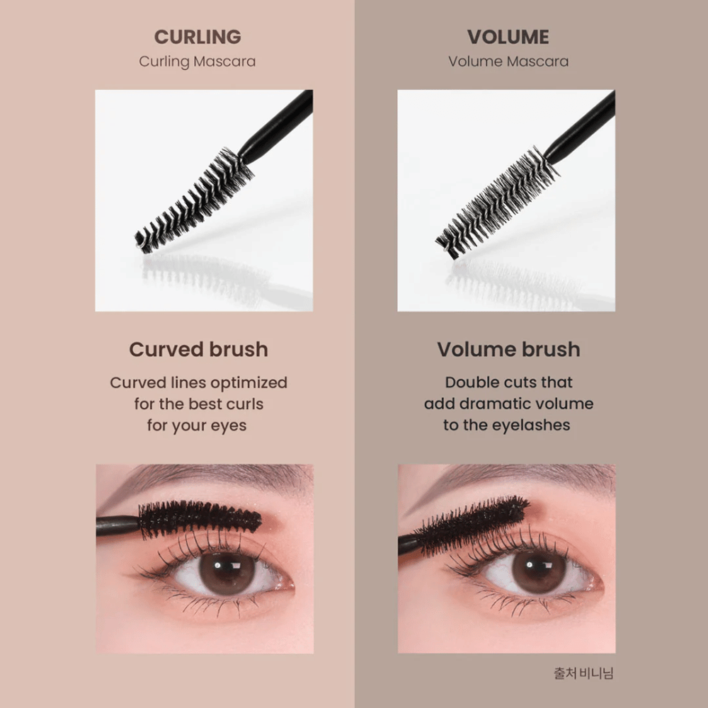 Confronto tra Heimish Dailism Smudge Stop Mascara Curling e Volume che mostra la differenza tra ciglia curve e volume intenso.
