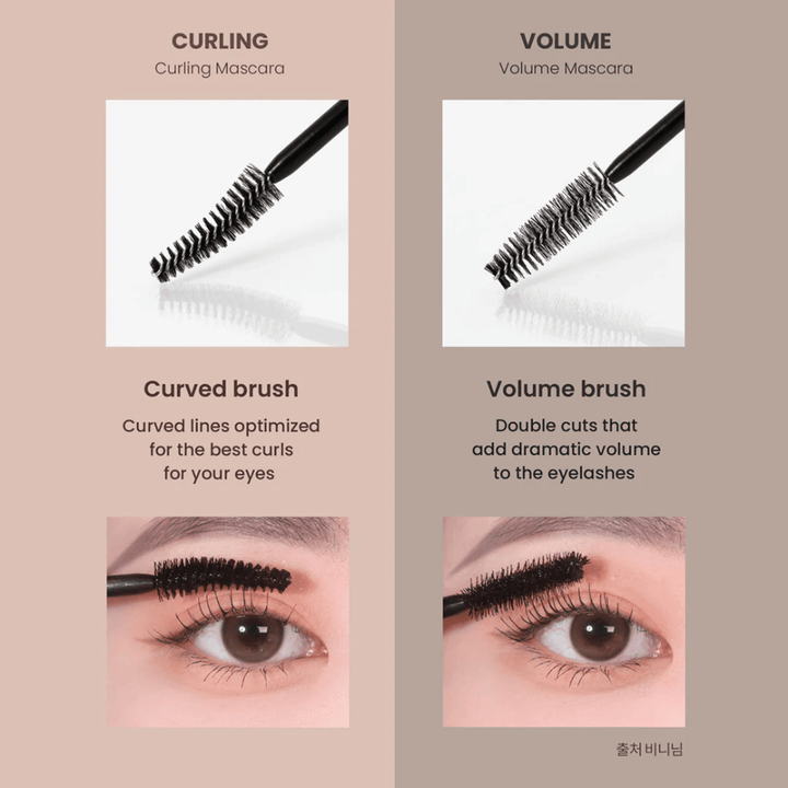 Confronto tra Heimish Dailism Smudge Stop Mascara Curling e Volume che mostra la differenza tra ciglia curve e volume intenso.