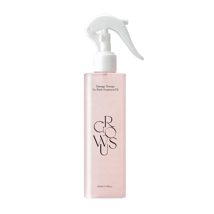 Immagine prodotto scontornata di GROWUS Damage Therapy No-Wash Treatment EX in flacone spray rosa con formula leave-in per l’idratazione e la cura dei capelli danneggiati.
