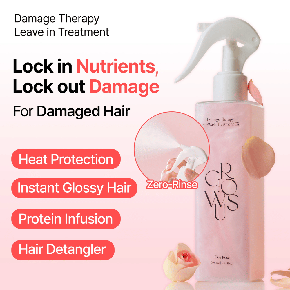 Immagine promozionale per GROWUS Damage Therapy No-Wash Treatment EX con focus su protezione dal calore, lucentezza, trattamento proteico ed effetto districante per capelli danneggiati e secchi.