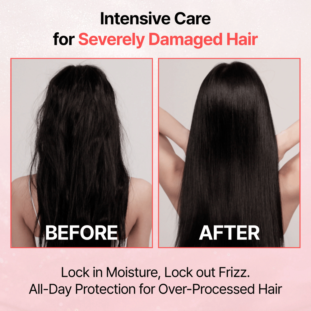 Immagine del prima e dopo che mostra i risultati di GROWUS Damage Therapy No-Wash Treatment EX con capelli più lisci, luminosi e meno crespi dopo l’uso.