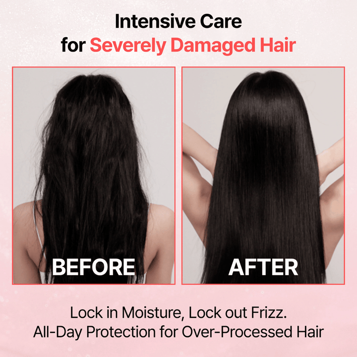 Immagine del prima e dopo che mostra i risultati di GROWUS Damage Therapy No-Wash Treatment EX con capelli più lisci, luminosi e meno crespi dopo l’uso.