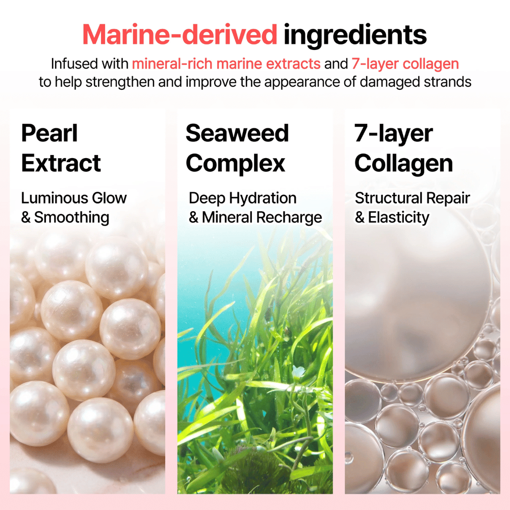 Immagine informativa sugli ingredienti marini in GROWUS Damage Therapy No-Wash Treatment EX con estratto di perla, complesso di alghe marine e collagene a 7 strati per lucentezza e idratazione.