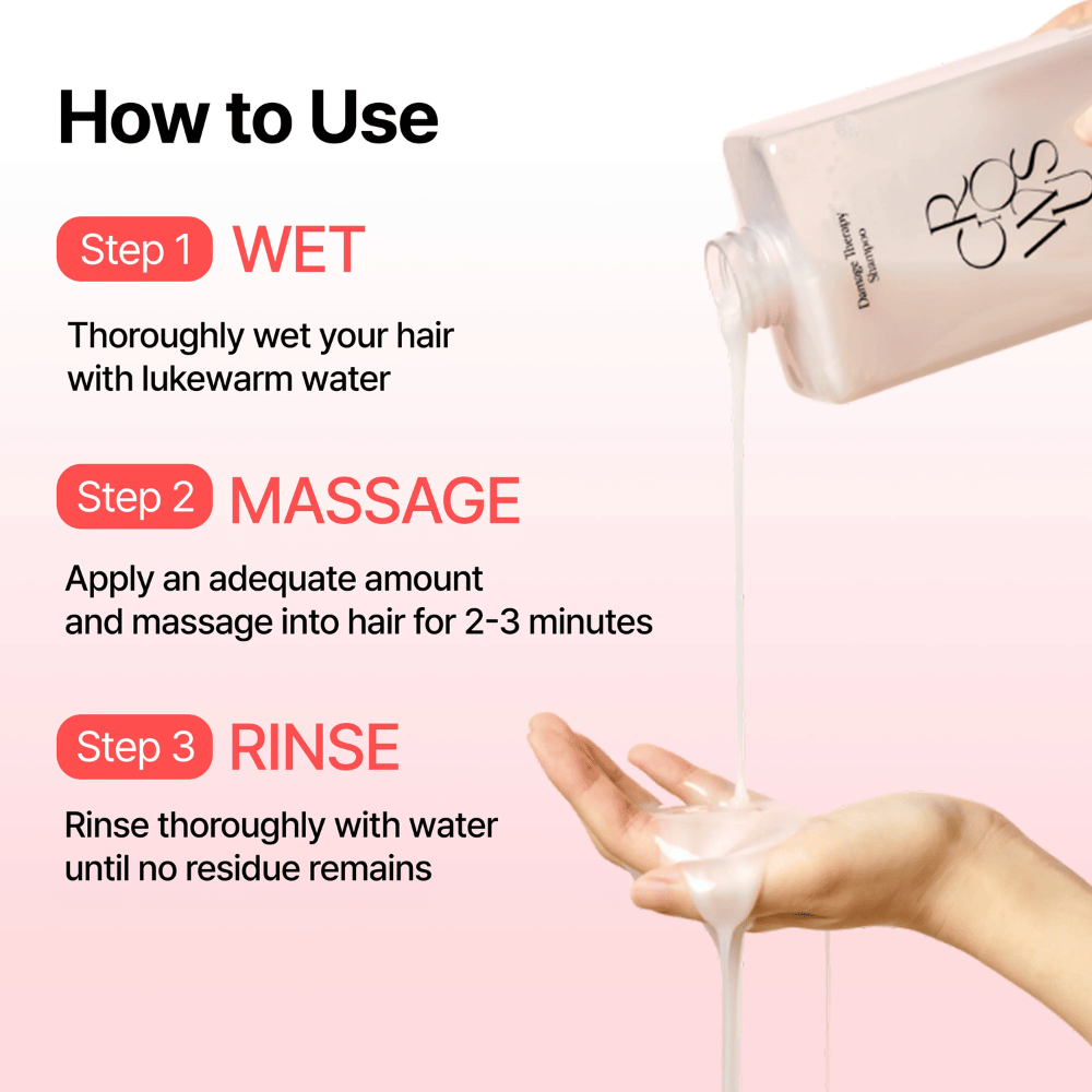 Come usare GROWUS Damage Therapy Shampoo EX per detergere e riparare i capelli danneggiati