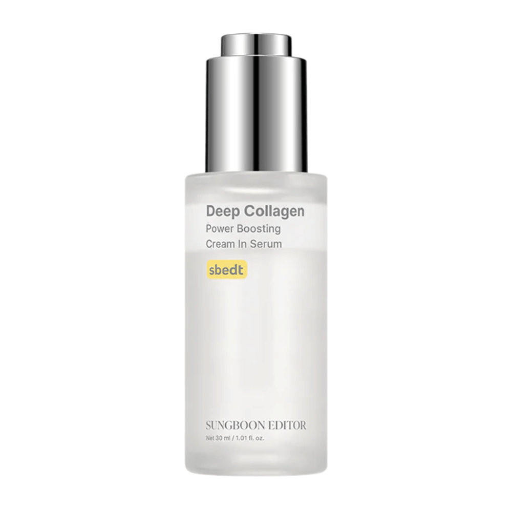 Deep Collagen Power Boosting Cream in Serum in una bottiglia elegante e trasparente con tappo argentato. Un prodotto ricco di collagene che dona una pelle più piena.