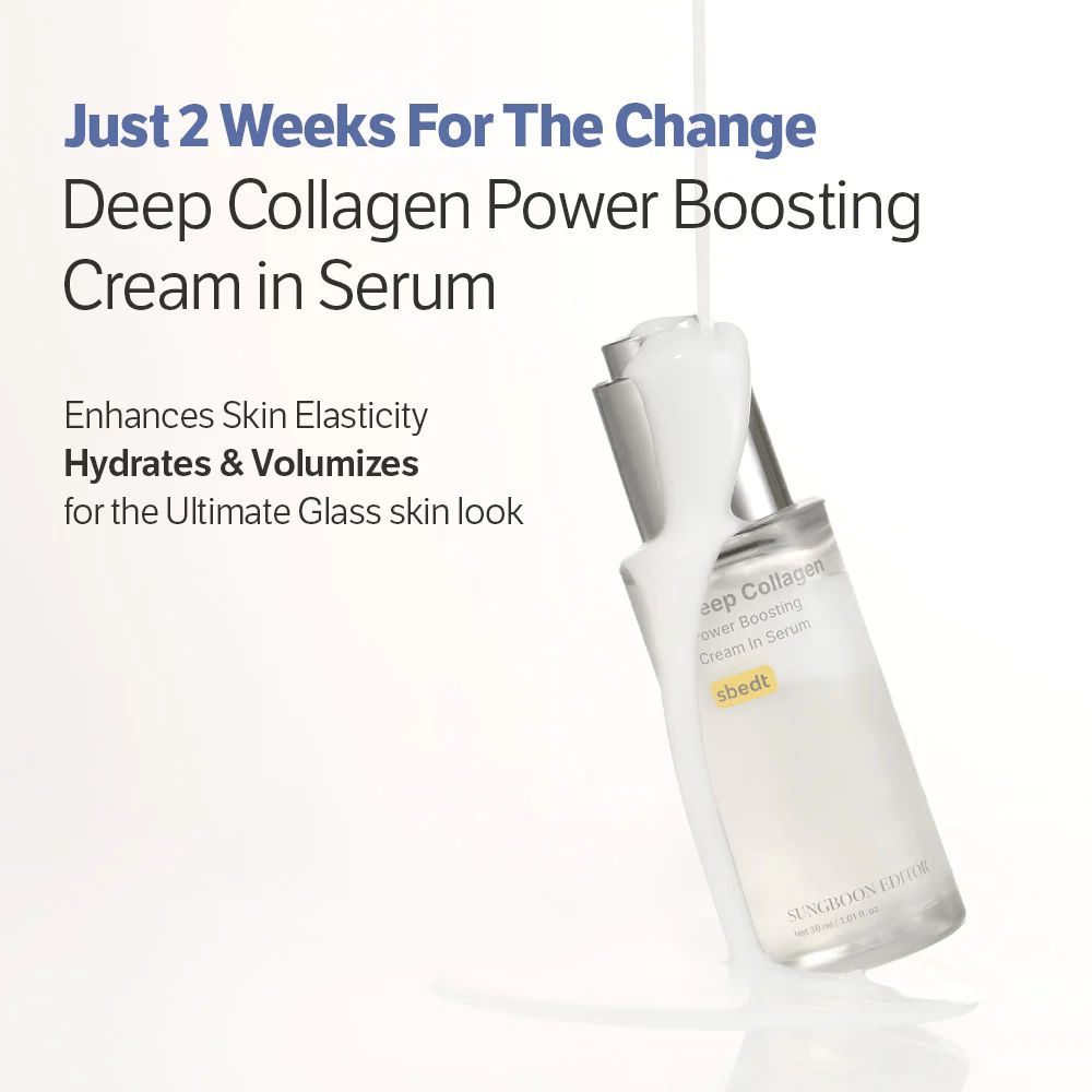 Sungboon Editor Deep Collagen Power Boosting Cream in Serum coperto da una crema fluida. Prodotto che idrata, rafforza l'elasticità e dona una pelle lucida.