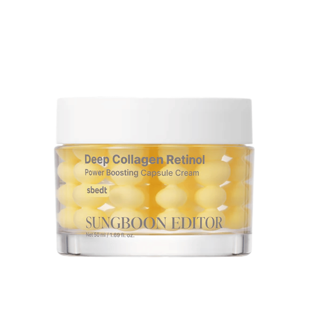 Sungboon Editor Deep Collagen Retinol Capsule Cream in barattolo di vetro con capsule gialle. Una potente crema anti-età con retinolo e collagene.