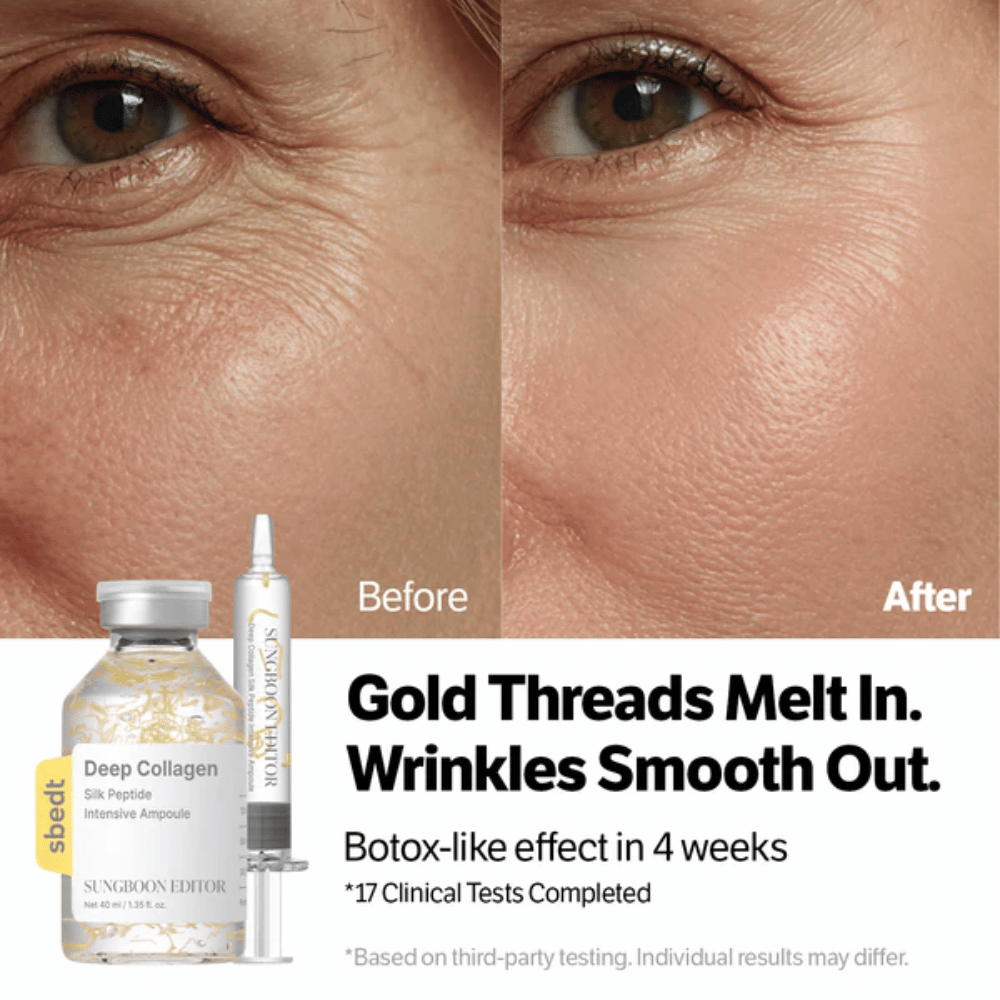 SUNGBOON EDITOR Deep Collagen Silk Peptide Intensive Ampoule – siero con peptidi che aiutano a ridurre le rughe e migliorare l'elasticità della pelle per un risultato più levigato.