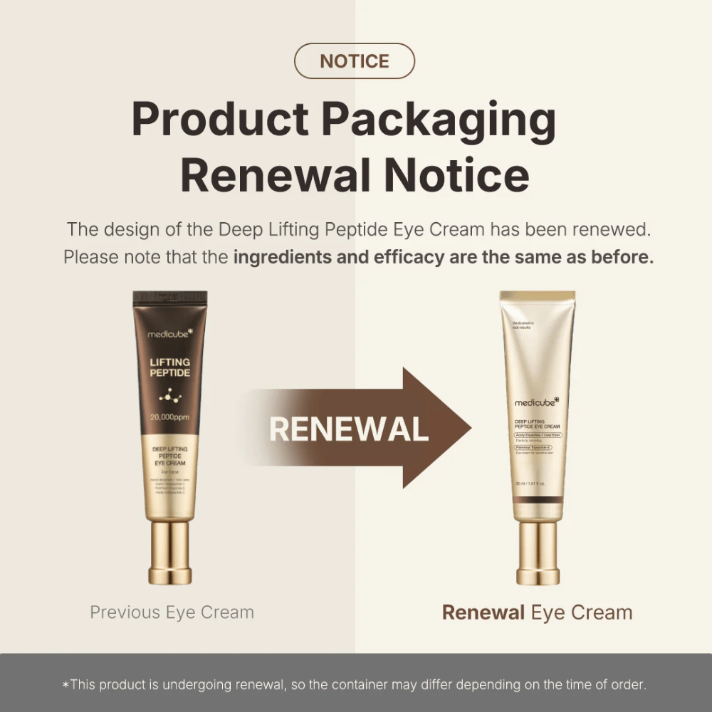 Medicube Deep Lifting Peptide Eye Cream – nuova confezione, stessa formula peptidica efficace che solleva e rassoda la pelle intorno agli occhi.