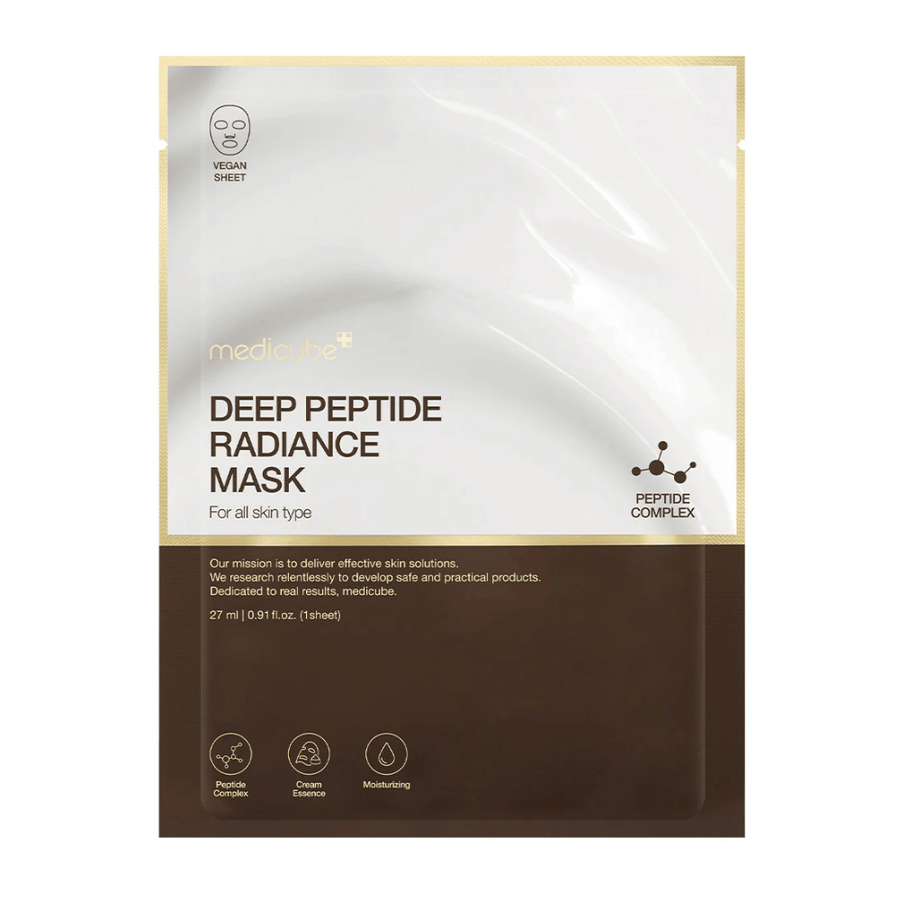 Fronte di Medicube Deep Peptide Radiance Mask, vegana sheet mask con complesso di peptidi per idratazione e luminosità.
