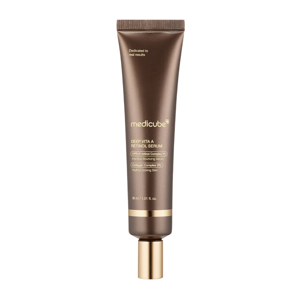 Medicube Deep Vita A Retinol Serum in un tubo marrone con dettagli dorati, un prodotto anti-invecchiamento che combina retinolo e collagene per una pelle più soda.