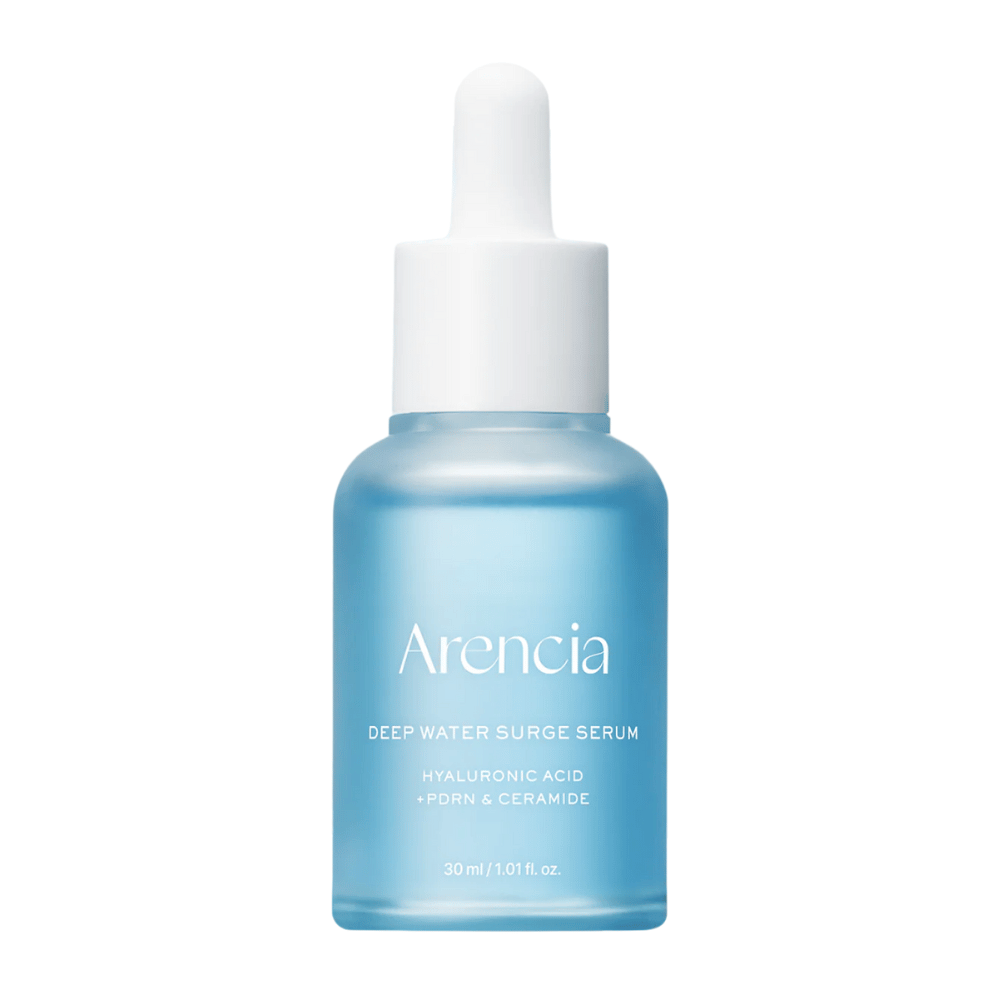 Arencia Deep Water Surge Serum 30 ml su sfondo bianco – siero idratante con acido ialuronico, PDRN e ceramidi per pelle sensibile, secca e disidratata.