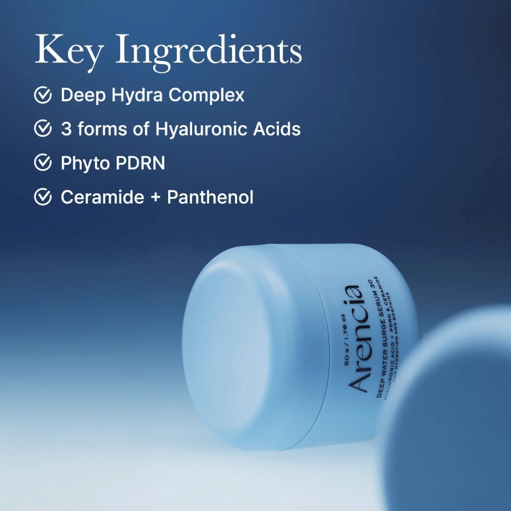 Arencia Deep Water Surge Serum 30 – ingredienti chiave con acido ialuronico, Phyto PDRN, ceramidi e pantenolo