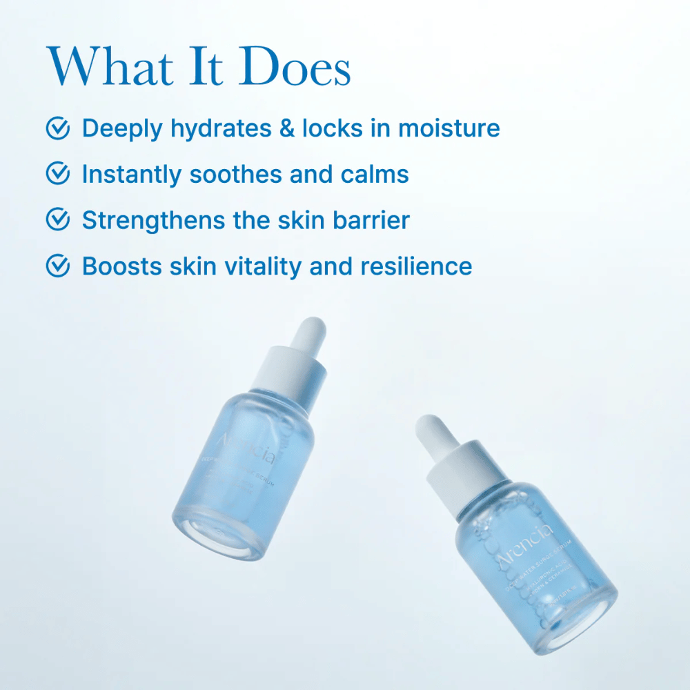 Due bottiglie di Arencia Deep Water Surge Serum che mettono in risalto la texture leggera e a base d'acqua del siero per un'idratazione intensa e una pelle equilibrata.