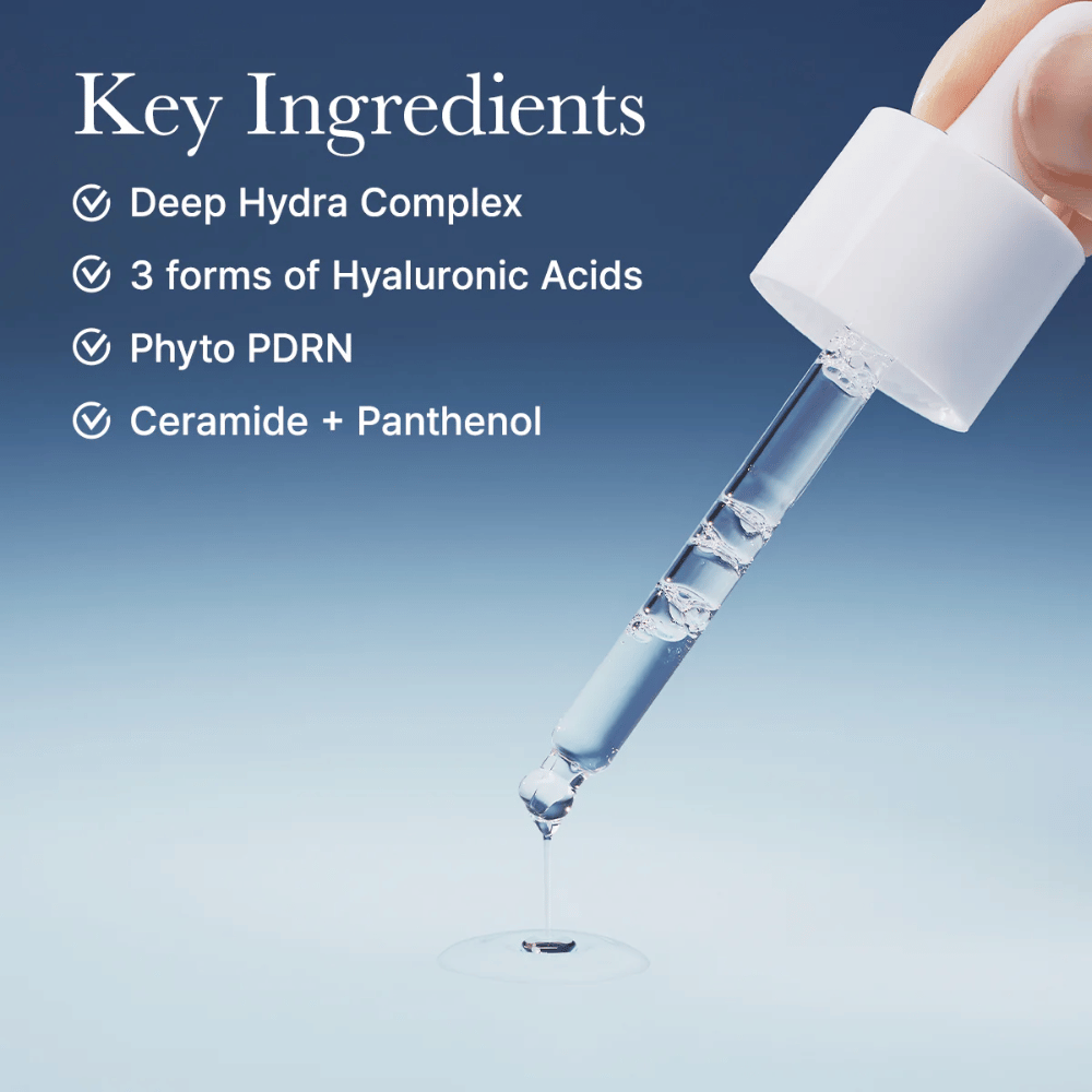Pipetta con siero che mostra la consistenza leggera e gli ingredienti attivi del Deep Water Surge Serum Arencia come acido ialuronico, phyto PDRN, ceramidi e pantenolo.