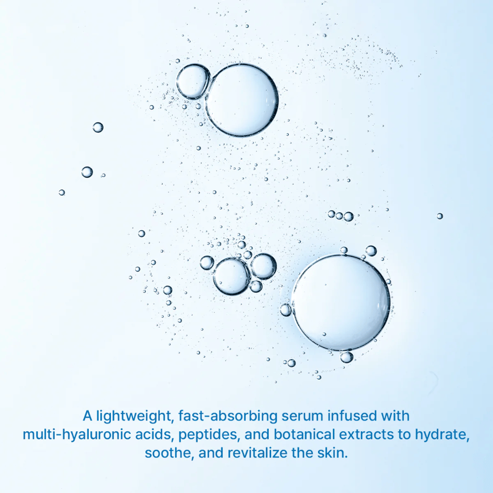 Illustrazione di bolle d'acqua che simboleggiano l'idratazione intensa da Arencia Deep Water Surge Serum con multi-acido ialuronico e formula a rapido assorbimento.