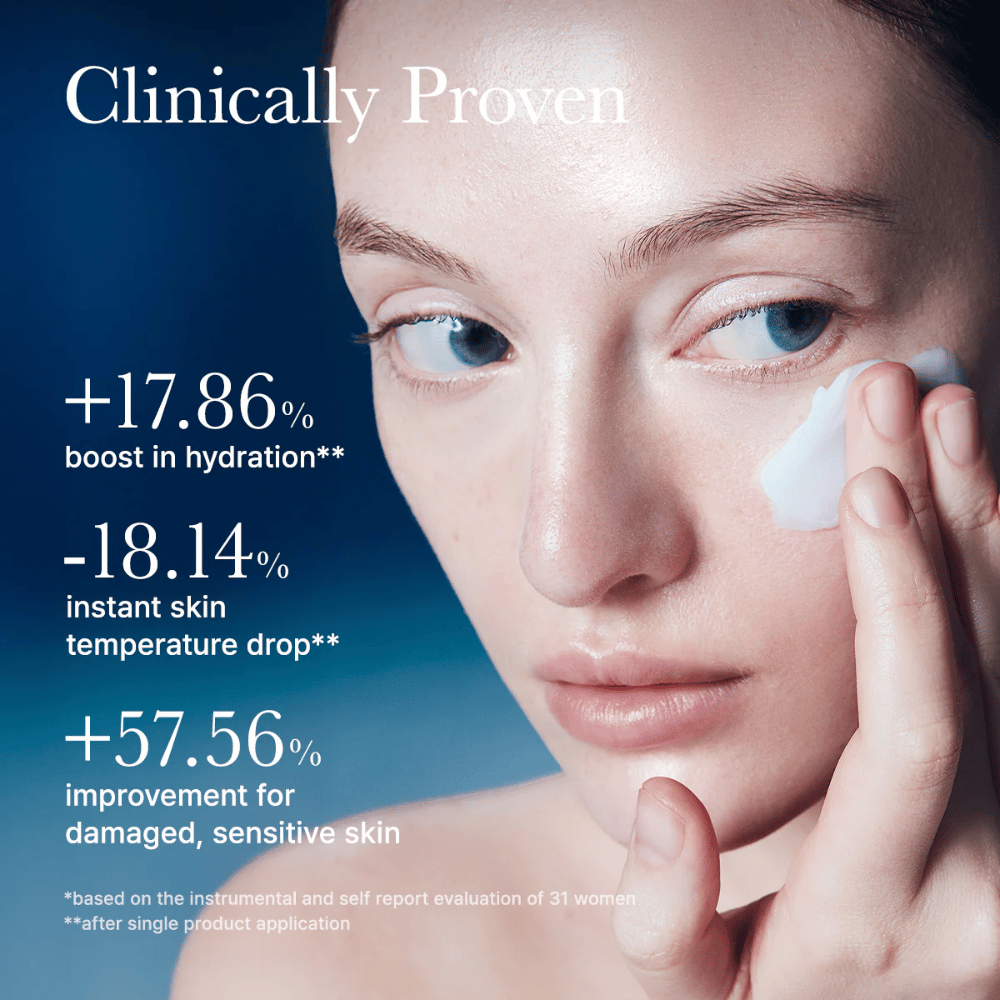 Arencia Deep Water Surge Soothing Cream clinicamente testato che migliora l'idratazione della pelle, abbassa la temperatura cutanea e rafforza la pelle sensibile dopo l'applicazione.