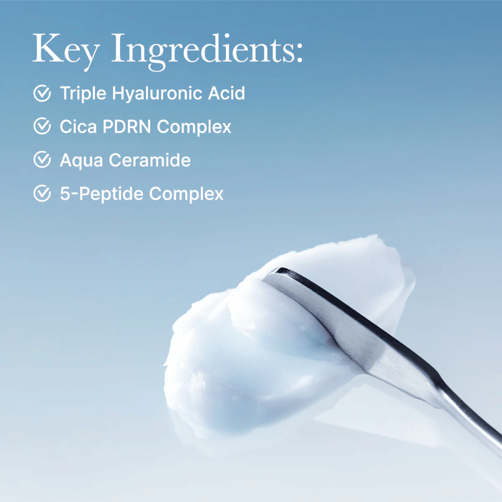 Ingredienti chiave in Arencia Deep Water Surge Soothing Cream con triplo acido ialuronico, Cica PDRN, ceramide acquatica e complesso di 5 peptidi per idratazione intensa e supporto della barriera cutanea.