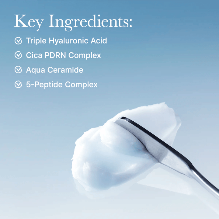 Ingredienti chiave in Arencia Deep Water Surge Soothing Cream con triplo acido ialuronico, Cica PDRN, ceramide acquatica e complesso di 5 peptidi per idratazione intensa e supporto della barriera cutanea.