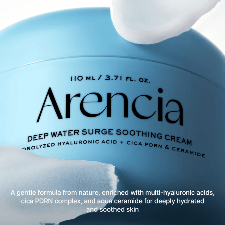 Arencia Deep Water Surge Soothing Cream con acido ialuronico, Cica PDRN e ceramidi – crema viso lenitiva che idrata in profondità e rafforza la barriera cutanea per pelle sensibile e secca.