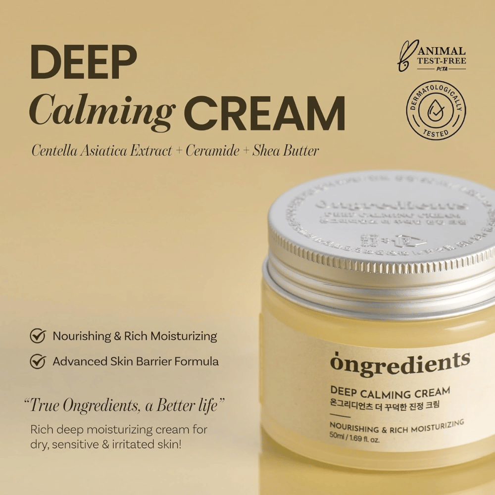 Ongredients Deep Calming Cream – testata dermatologicamente, cruelty-free crema viso per pelle secca, sensibile e irritata.
