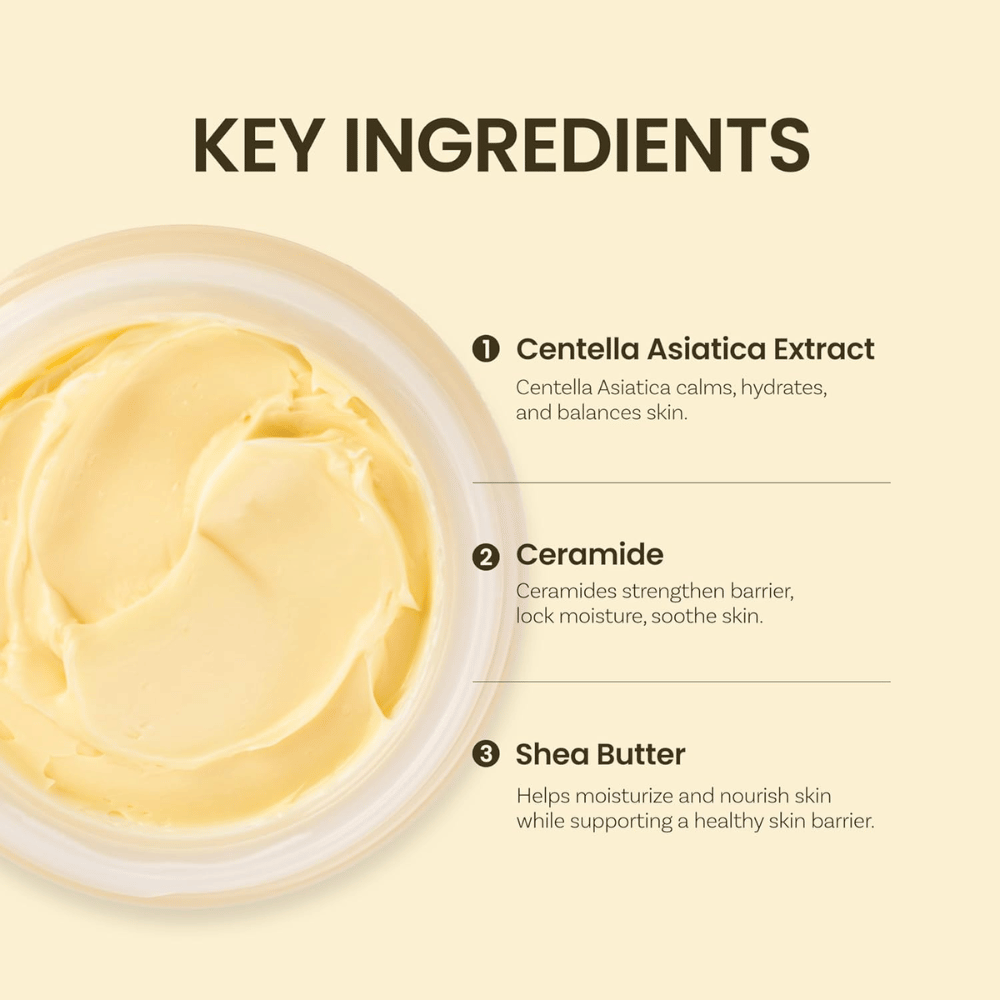 Ingredienti chiave in Ongredients Deep Calming Cream: Centella Asiatica, ceramidi e burro di karitè che idratano ed equilibrano la pelle.