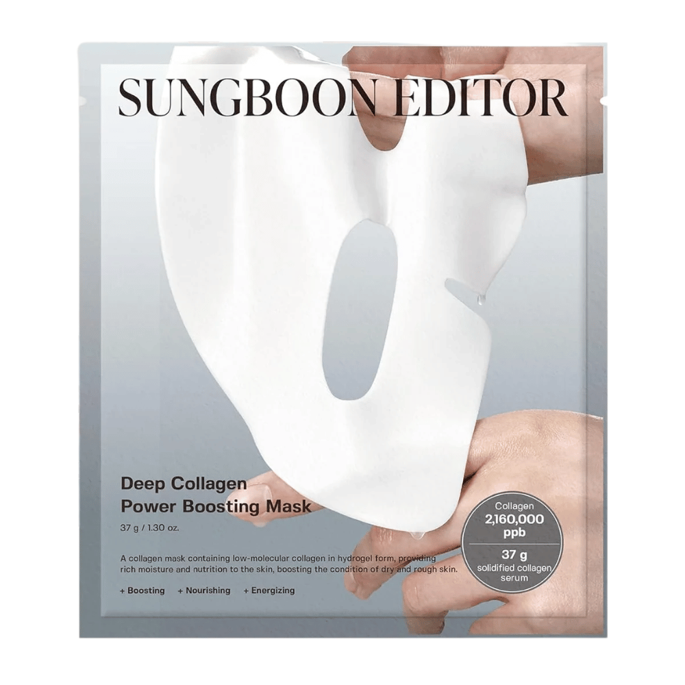 Sungboon Editor Deep Collagen Power Boosting Mask 37 g, un collagene sheet mask in confezione argento che idrata, rafforza e nutre la pelle.
