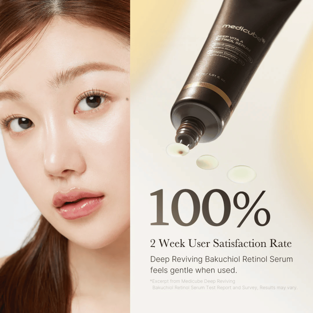 Immagine pubblicitaria per Medicube Deep Vita A Retinol Serum con un primo piano di una donna, il tubo del prodotto e testo che mostra il 100% di soddisfazione degli utenti dopo due settimane.