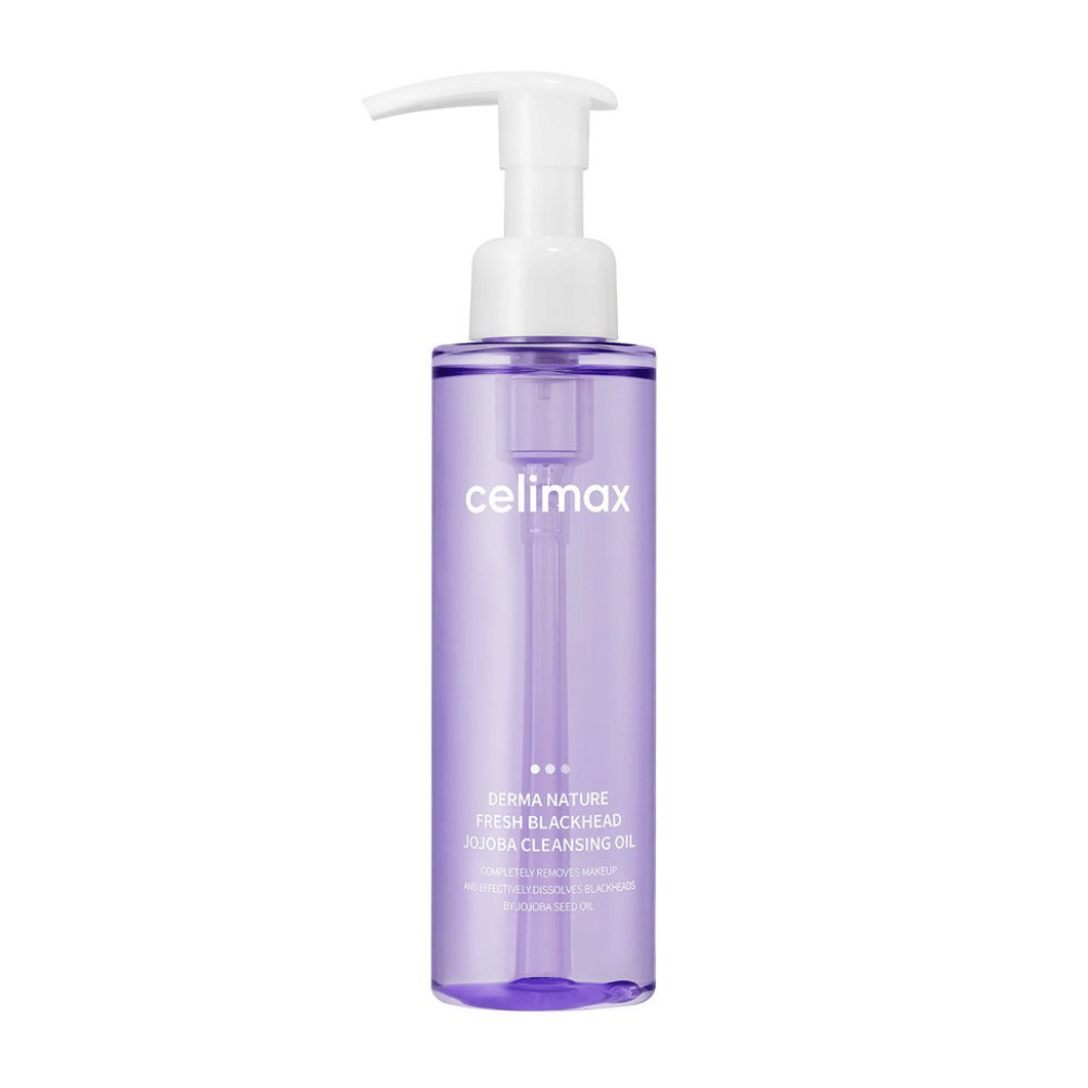 Bottiglia di Celimax Derma Nature Fresh Blackhead Jojoba Cleansing Oil in confezione viola trasparente con pompa bianca, su sfondo bianco.