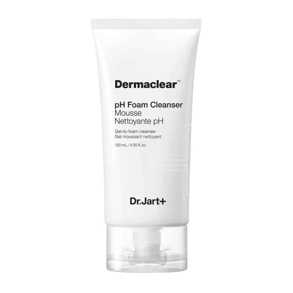 Tubo bianco di Dr.Jart+ Dermaclear pH Foam Cleanser con testo nero, in piedi su uno sfondo bianco.